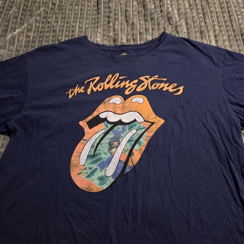 The Rolling Stones Women XL Blue Tie Dye Tongue Logo Graphic T-Shirt Cotton